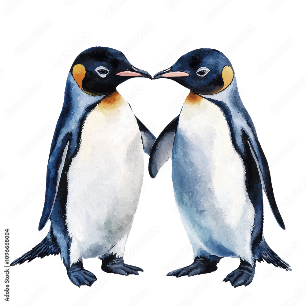 Fototapeta premium Two Charming Penguins Engaging in a Tender Moment in a Watercolor Style Illustration