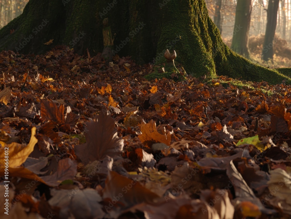 Obraz premium Autumnal Forest Floor: A Tapestry of Fallen Leaves Under a Moss-Covered Tree Trunk