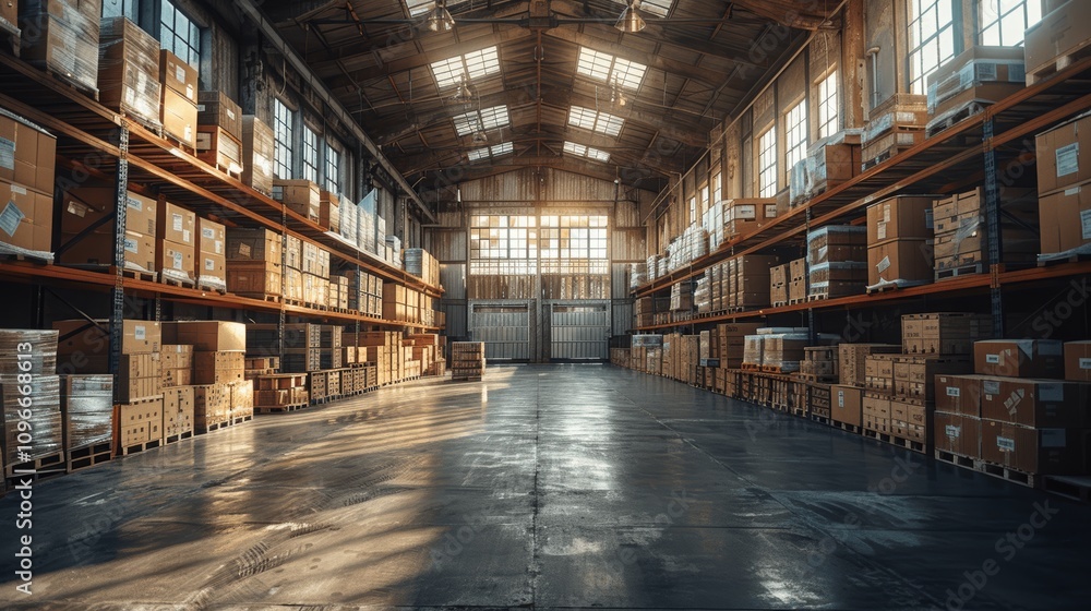 Warehouse with Shelves Filled with Cartons and Pallets, Forklifts in Action, Logistics Distribution Center