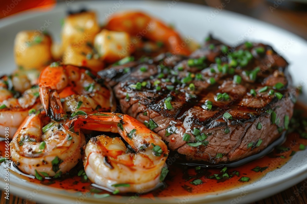 Grilled Steak and Shrimp Luxurious Surf and Turf Plate Grilled Steak and Shrimp Luxurious Surf and Turf Plate