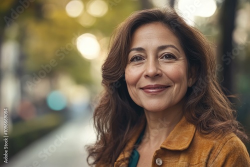 Cheerful Hispanic woman in city portrait daytime outdoor setting