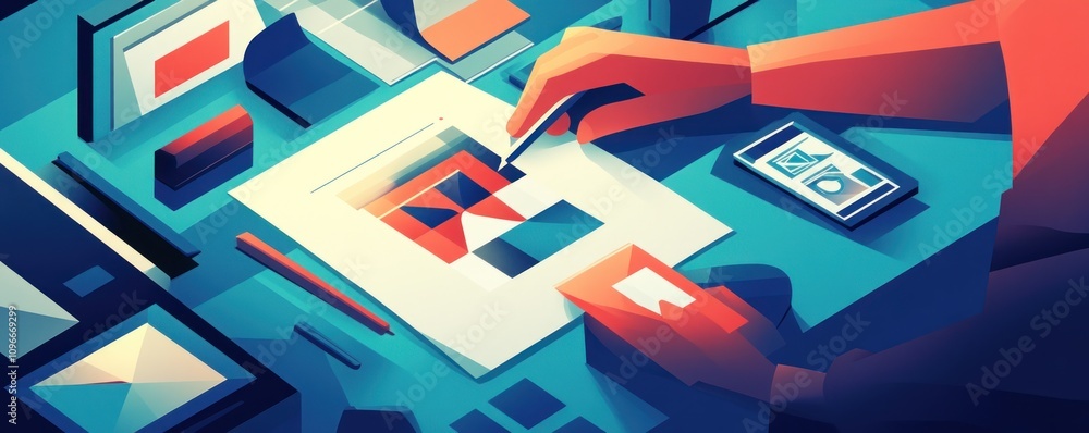 An artist's workspace featuring design tools and colorful geometric shapes on a table. An artist's workspace featuring design tools and colorful geometric shapes on a table.
