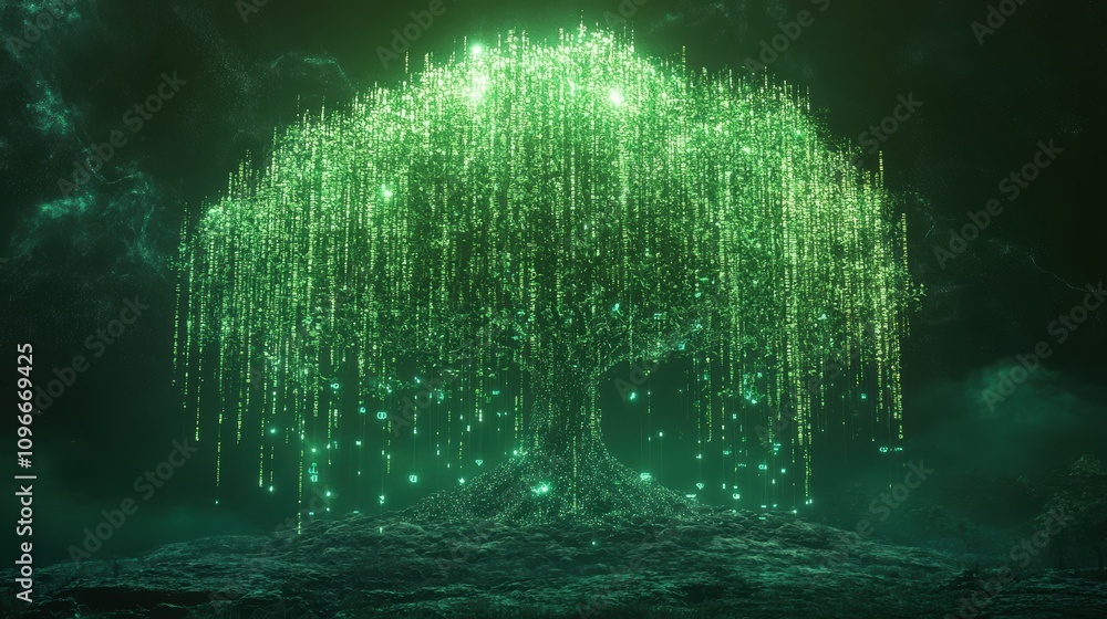 Obraz premium Cascading matrix-style neon green tree of life an artistic representation in a vibrant digital environment