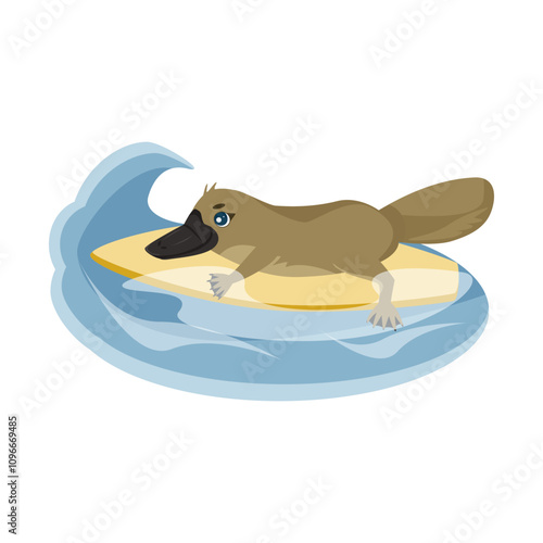 Children’s cute animal. Duck billed platypus vector illustration. Duckbill surfs and catches a wave.