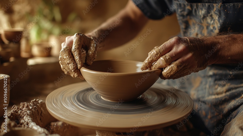 Artisan Crafting Unique Handmade Bowl on Pottery Wheel Artisan Crafting Unique Handmade Bowl on Pottery Wheel