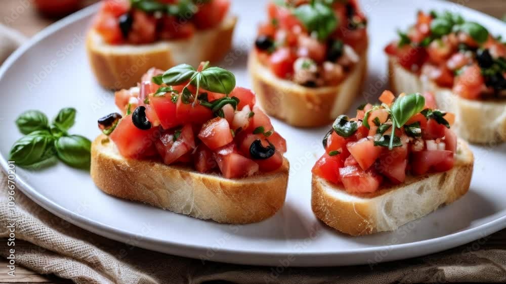 Bruschetta sandwiches on a white plate over a wooden table Bruschetta sandwiches on a white plate over a wooden table