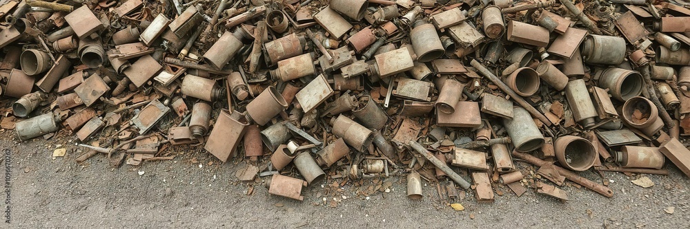 A large heap of discarded metal debris with various rusty parts scattered on the ground, decay, ground A large heap of discarded metal debris with various rusty parts scattered on the ground, decay, ground