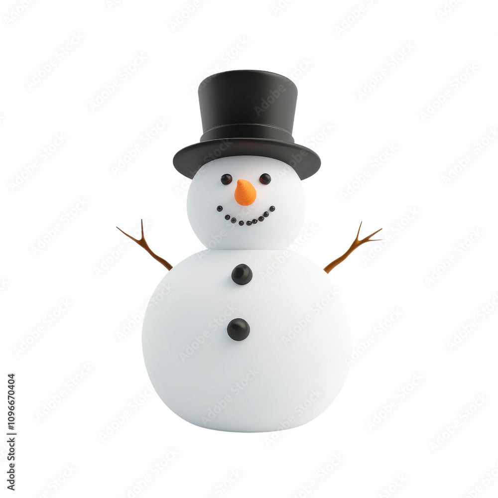 Cheerful snowman with a black hat, orange carrot nose, and twig arms, perfect for winter and holiday themes Cheerful snowman with a black hat, orange carrot nose, and twig arms, perfect for winter and holiday themes