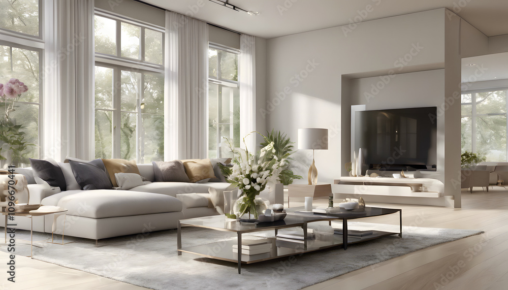 Fototapeta premium A contemporary living room with a spacious, open large window