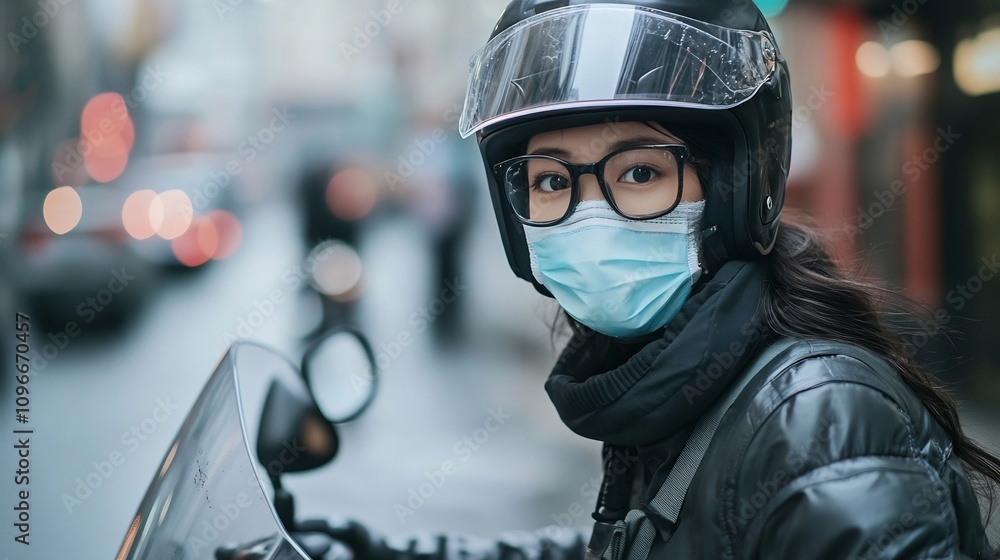 Responsible rider wearing protective motorcycle gear and face mask showcasing safe riding practices and preventive measures during urban commute on city streets Responsible rider wearing protective motorcycle gear and face mask showcasing safe riding practices and preventive measures during urban commute on city streets