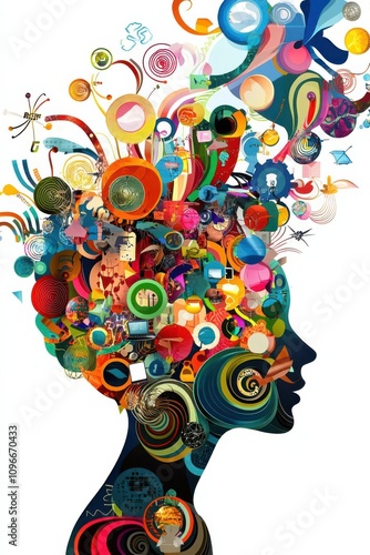 Wallpaper Mural Human head filled with colorful swirling ideas, symbols of business and technology, idea generation, creative thinking Torontodigital.ca