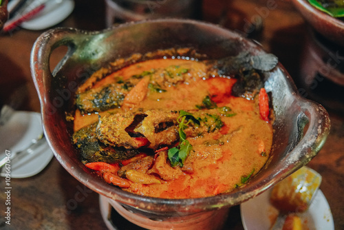 Indonesian food gulai lele curry spicy stew closeup on the pan on the wooden table in restaurant. photo