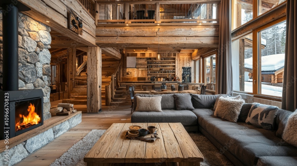 Cozy rustic interior with warm wood tones and natural materials Cozy rustic interior with warm wood tones and natural materials