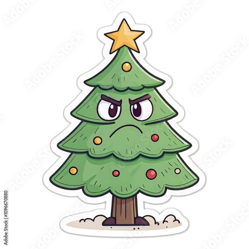 Evil Berz Standard Scale Christmas Tree Sticker With a Grumpy Expression. Generative AI photo