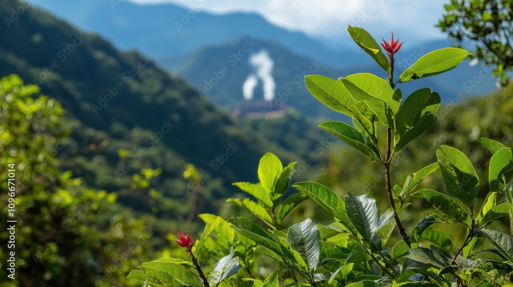 Obraz premium Lush Green Foliage with Sustainable Energy Plant in Background