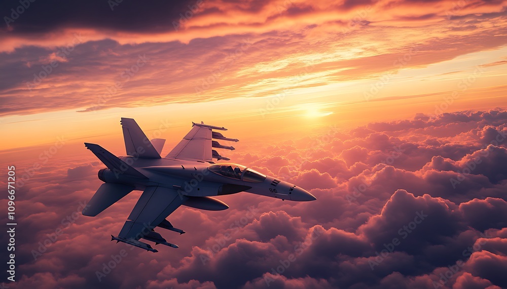 A fighter jet soaring through vibrant clouds at sunset, showcasing aerial prowess and beauty. A fighter jet soaring through vibrant clouds at sunset, showcasing aerial prowess and beauty.
