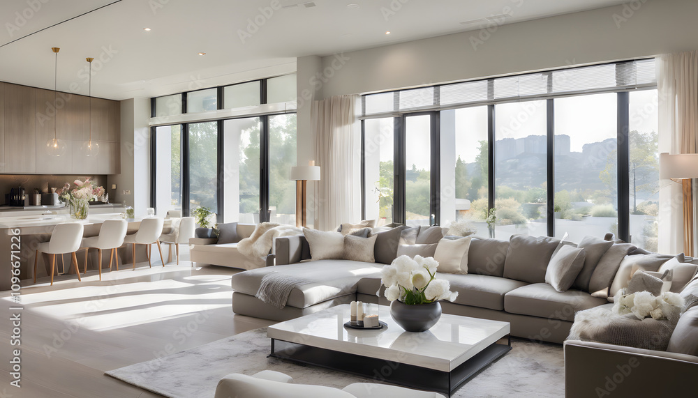 Fototapeta premium A contemporary living room with a spacious, open large window