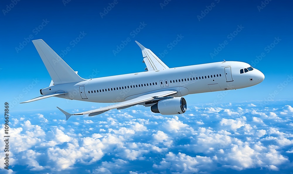 A commercial airplane flying above the clouds in a clear blue sky. A commercial airplane flying above the clouds in a clear blue sky.