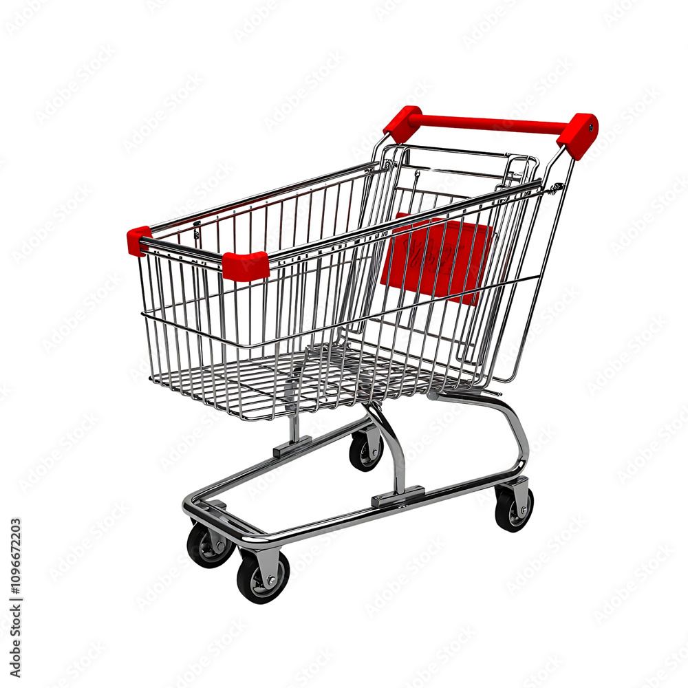 Empty Shopping Cart with Red Handles Isolated on Transparent Background Empty Shopping Cart with Red Handles Isolated on Transparent Background