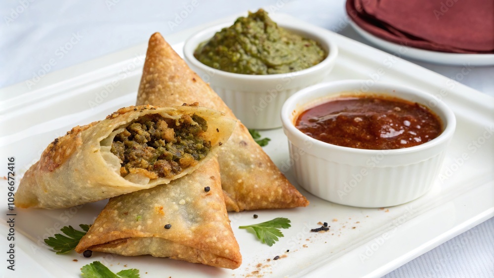 Aromatic keema samosa on a white background with a side of chutney, Indian cuisine, saffron colored chutney, fried food, tangy sauce, golden brown pastry Aromatic keema samosa on a white background with a side of chutney, Indian cuisine, saffron colored chutney, fried food, tangy sauce, golden brown pastry