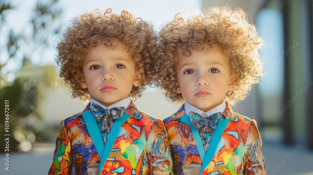 Trendy Twin Kids Strike Bold Symmetric Poses with High-Fashion Vibe in Vibrant Colors on Clear Background Trendy Twin Kids Strike Bold Symmetric Poses with High-Fashion Vibe in Vibrant Colors on Clear Background