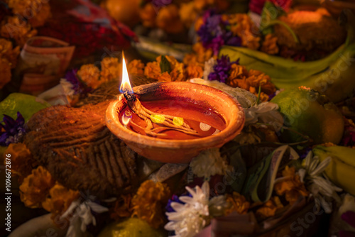 Chhath Puja Parwa Sun God Celebration with Fruits, Lights and Lamps in riverside in Nepal and India with lights, lamps diya after diwali photo