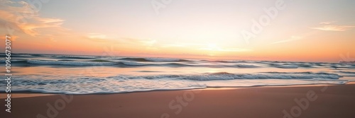 A serene beach scene with gentle waves caressing the shore as the last rays of sunlight dance across the sky in a breathtaking sunset, natural scenery, sunset colors