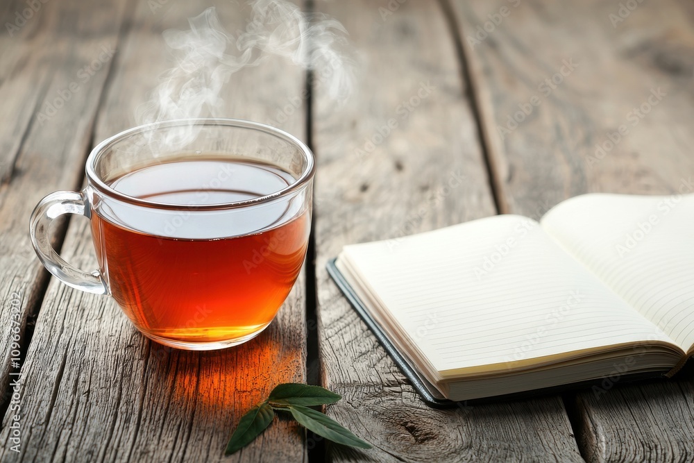 Freshly Brewed Tea with Steam and Open Notebook on Rustic Wooden Table Freshly Brewed Tea with Steam and Open Notebook on Rustic Wooden Table