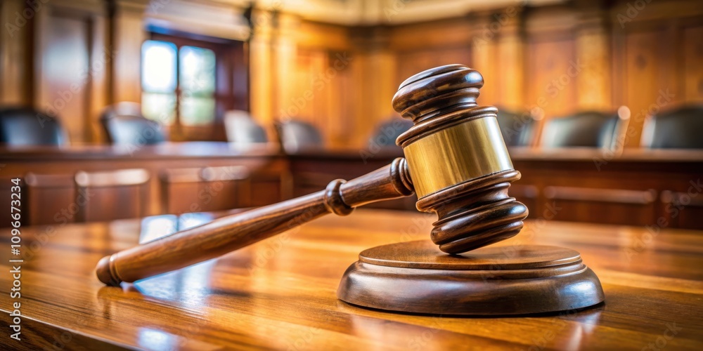 A wooden gavel rests on a polished table in a courtroom, ready to deliver justice A wooden gavel rests on a polished table in a courtroom, ready to deliver justice