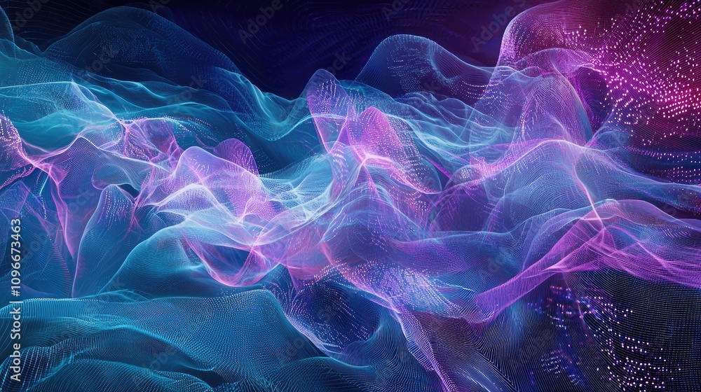Fototapeta premium A futuristic digital landscape, with a blend of deep blues and purples, representing the abstract and complex nature of AI. Include elements like digital