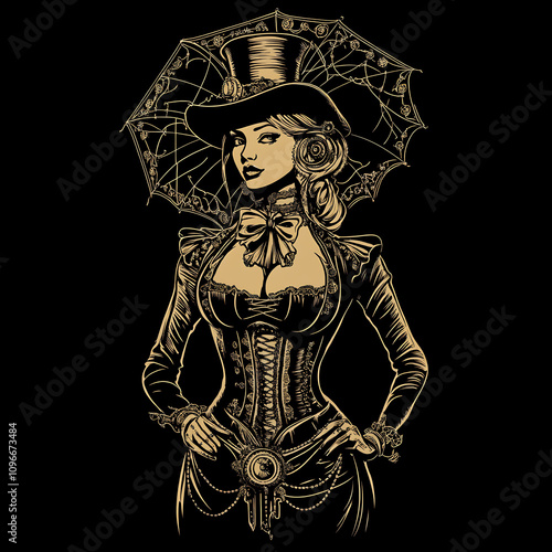 A detailed steampunk-inspired illustration of a woman in ornate vintage attire, featuring a corset, top hat, and lace parasol, on a black background.
