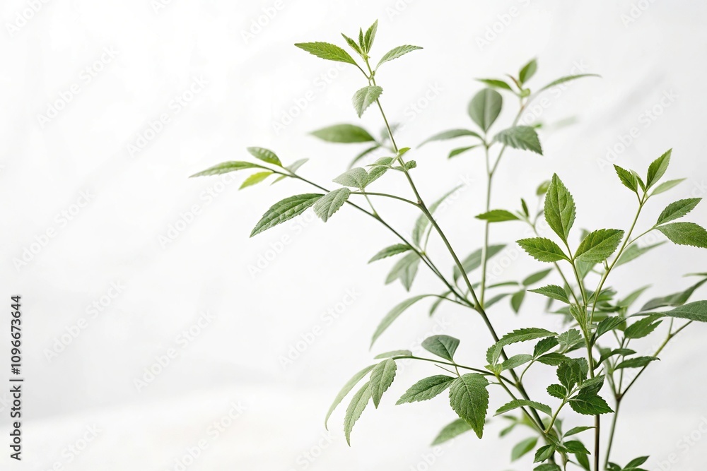 a serene green plant with delicate leaves in a minimalist white background, suggesting a sense of balance and harmony, calming atmosphere, whitewashed walls, soft lighting, gentle curves a serene green plant with delicate leaves in a minimalist white background, suggesting a sense of balance and harmony, calming atmosphere, whitewashed walls, soft lighting, gentle curves