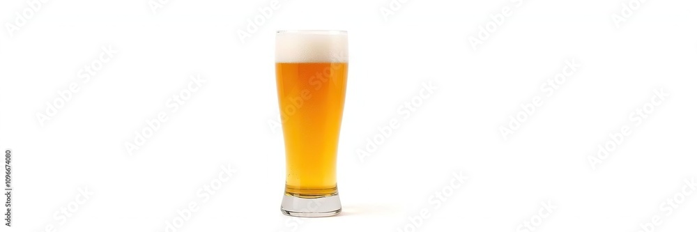 A single, frothy glass of beer isolated on a crisp white background, refreshment, beverage, pub A single, frothy glass of beer isolated on a crisp white background, refreshment, beverage, pub