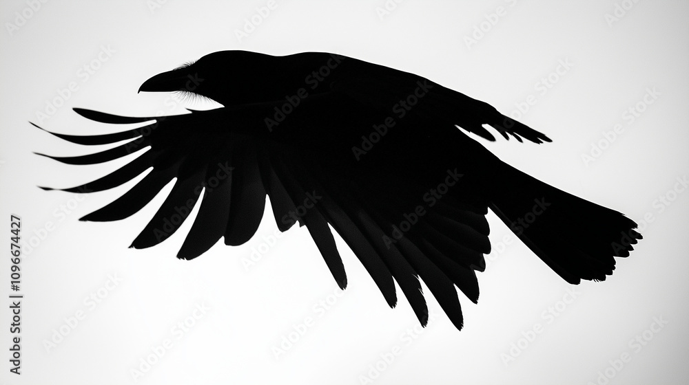 Obraz premium The silhouette of a crow is seen soaring against a monochrome background, embodying freedom and mystery in this simple, yet evocative image of nature.