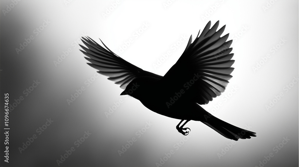 Naklejka premium A bird in mid-flight, silhouetted against a bright sky, gracefully captures the essence of freedom and grace, its form elegantly etched in shadow.