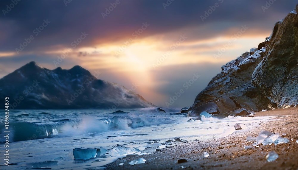 Obraz premium Diamond Beach with stunning ocean views, majestic mountains, and a dramatic, colorful sky.