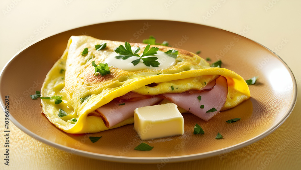 A savory ham and cheese omelette placed on ai generative A savory ham and cheese omelette placed on ai generative