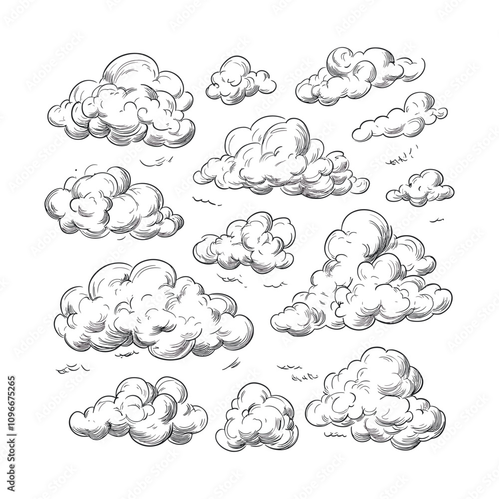 Obraz premium Set of Cartoon Clouds in Black-and-White Design