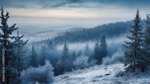 Breathtaking view of snow-covered forested hills at dawn with mist rolling through the trees under a soft winter sky