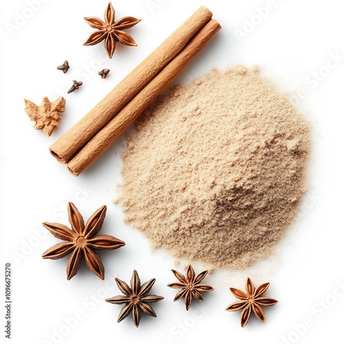 Macro Shot of Cinnamon Sticks Powder and Star Anise on White Background photo