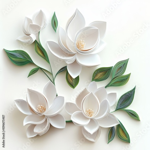 3D paper-cut of white magnolia flowers