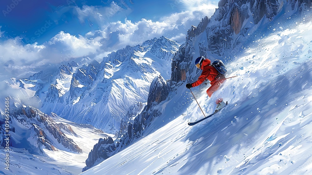 Skier descending a snowy slope in the Alps Skier descending a snowy slope in the Alps