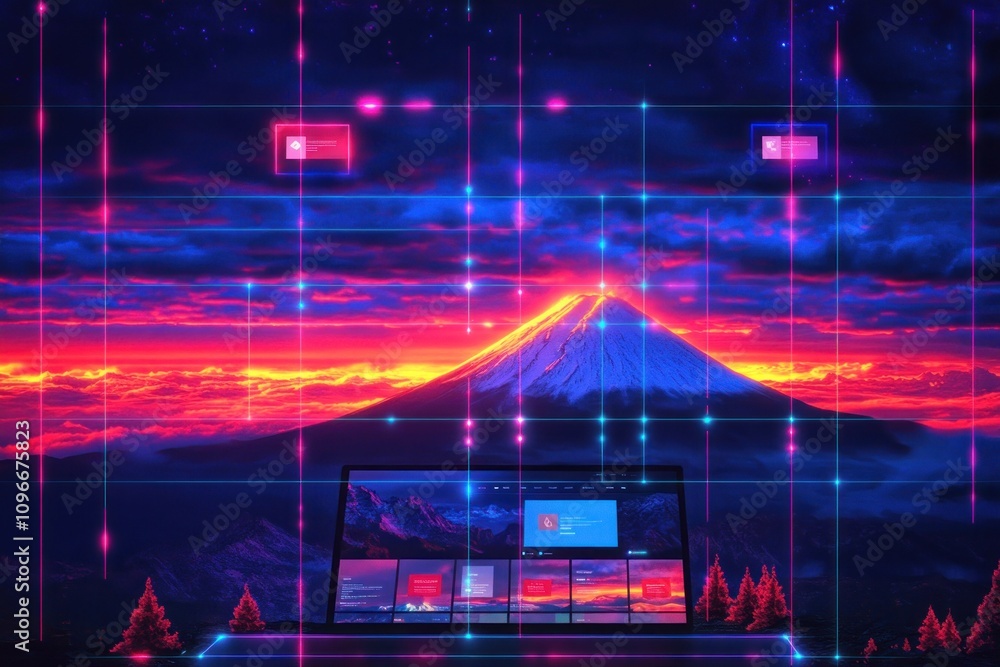 A digital landscape featuring a laptop against a vibrant sunset with a mountain backdrop. A digital landscape featuring a laptop against a vibrant sunset with a mountain backdrop.