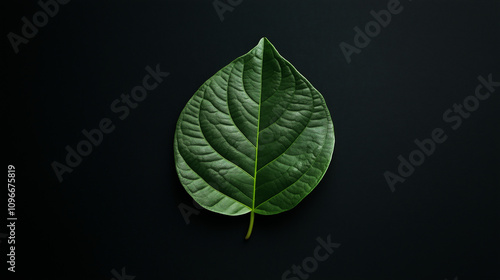 A single green leaf firmly placed on a dark, minimalist background, creating a contrast that highlights nature's simplicity and organic beauty in photography style. photo