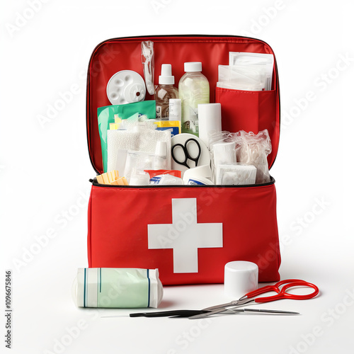 First aids supplies. First aid kit packed with medical supplies on white background. First aid, care, heal, supply, urgent, emergency and accident.