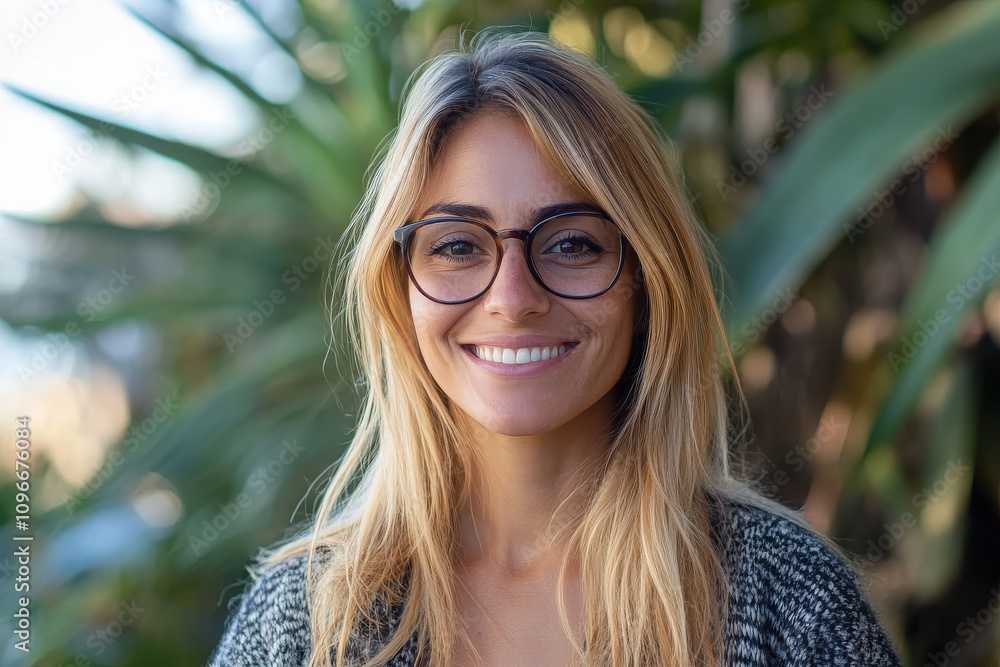 A smiling woman with glasses stands amidst green foliage, exuding warmth and approachability. A smiling woman with glasses stands amidst green foliage, exuding warmth and approachability.