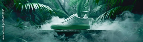 Men and Kids Sport Sneakers Green White Junior Shoes with Jungle Background in Tropical Display for Retail Offers Poster photo