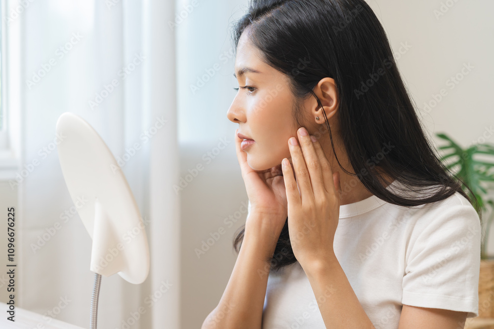 Anti aging beauty, happy asian young woman looking in mirror reflection at home, touching face skin satisfied with healthy moisturized, skin care treatment cosmetic for dry skin during morning routine Anti aging beauty, happy asian young woman looking in mirror reflection at home, touching face skin satisfied with healthy moisturized, skin care treatment cosmetic for dry skin during morning routine