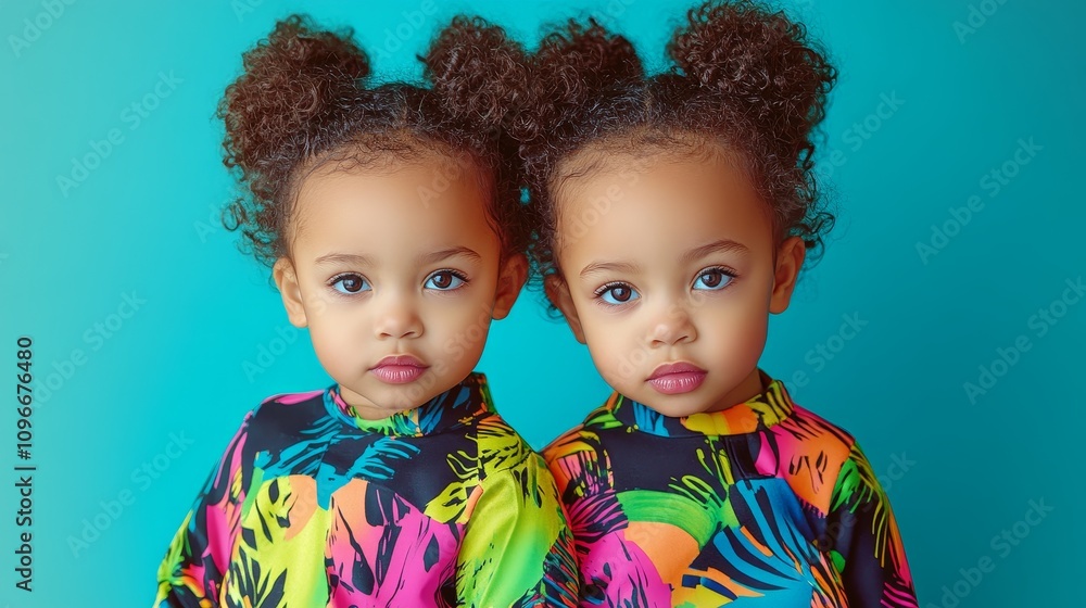 Fashionable Twin Kids Strike Matching Poses in Bold Contrasting Outfits under Vibrant Editorial Lighting Fashionable Twin Kids Strike Matching Poses in Bold Contrasting Outfits under Vibrant Editorial Lighting