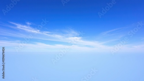 A tranquil blue sky with a few wispy stratus clouds stretching across the horizon, serene, muted, sunny